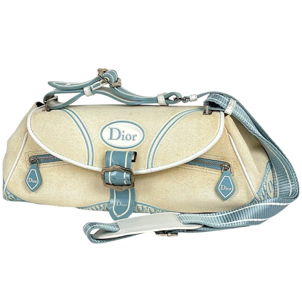 Christian Dior Shoulder Bag Trotter Canvas Ivory White Blue